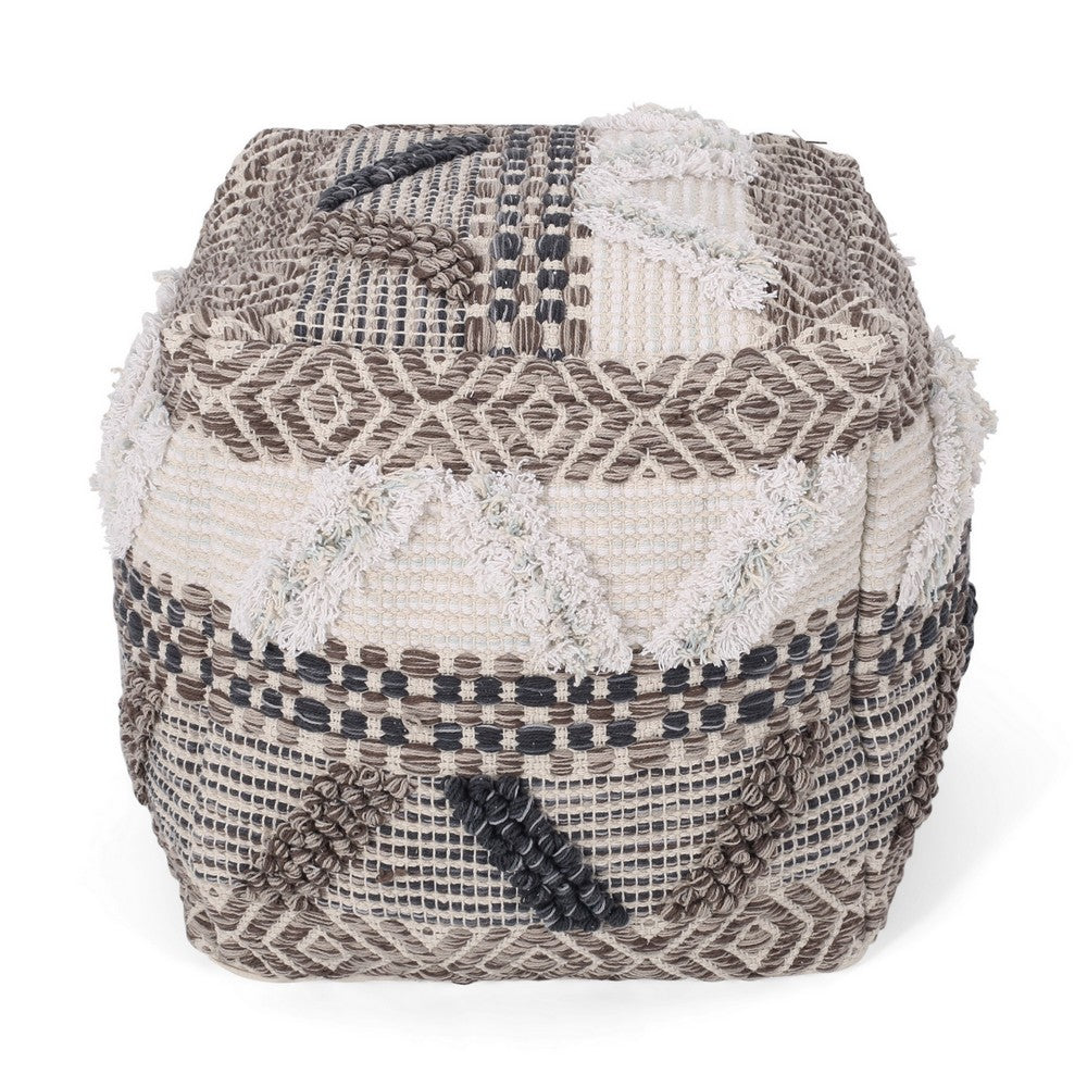 Ottoman Pouf, 16 Inch, Boho Design, White Beige Woven Wool, Bead Fill