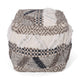 Ottoman Pouf, 16 Inch, Boho Design, White Beige Woven Wool, Bead Fill