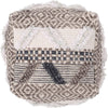 Ottoman Pouf, 16 Inch, Boho Design, White Beige Woven Wool, Bead Fill