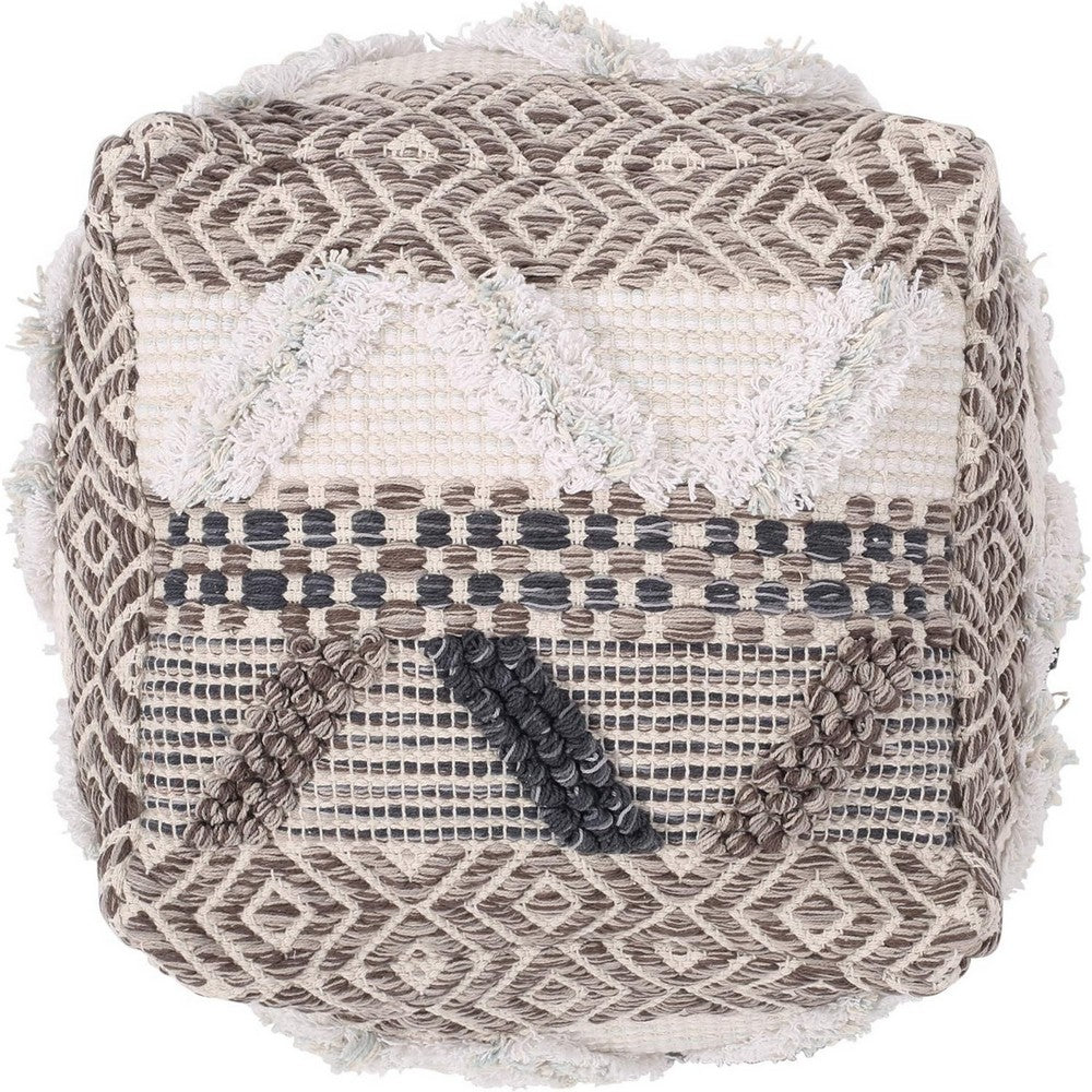 Ottoman Pouf, 16 Inch, Boho Design, White Beige Woven Wool, Bead Fill