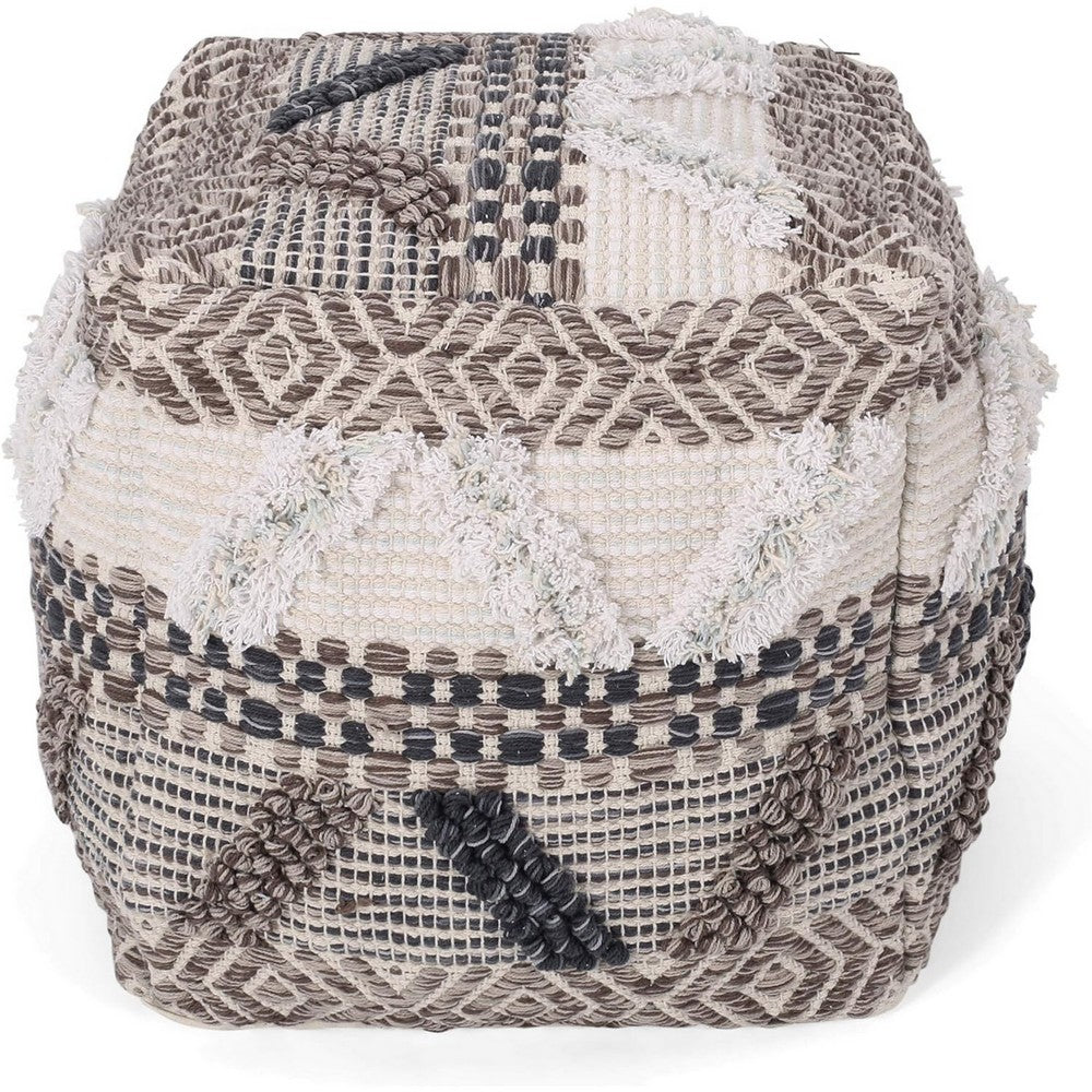 Ottoman Pouf, 16 Inch, Boho Design, White Beige Woven Wool, Bead Fill