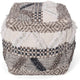 Ottoman Pouf, 16 Inch, Boho Design, White Beige Woven Wool, Bead Fill