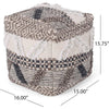 Ottoman Pouf, 16 Inch, Boho Design, White Beige Woven Wool, Bead Fill