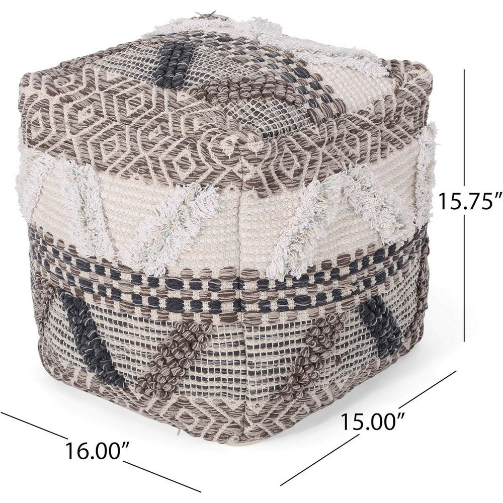 Ottoman Pouf, 16 Inch, Boho Design, White Beige Woven Wool, Bead Fill
