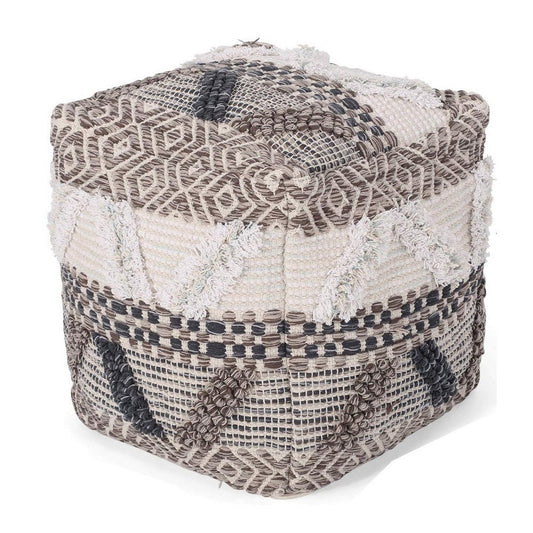 Ottoman Pouf, 16 Inch, Boho Design, White Beige Woven Wool, Bead Fill