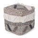 Ottoman Pouf, 16 Inch, Boho Design, White Beige Woven Wool, Bead Fill