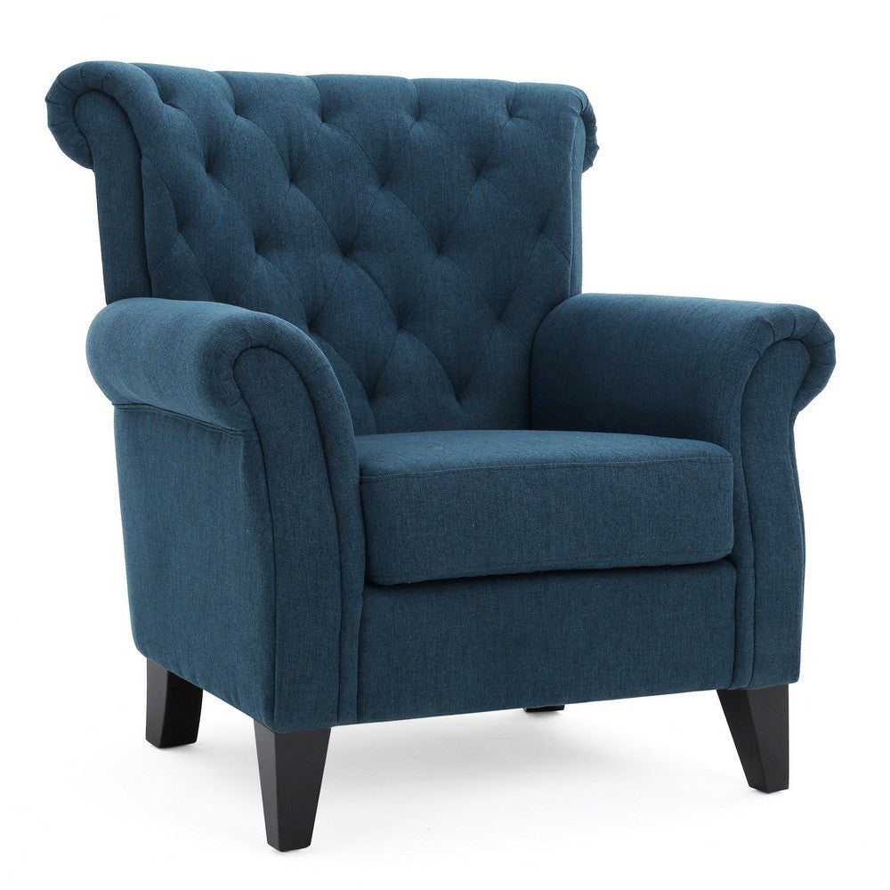 Koni Accent Chair | Button Diamond Tufted | Blue Fabric | Rolled Arms