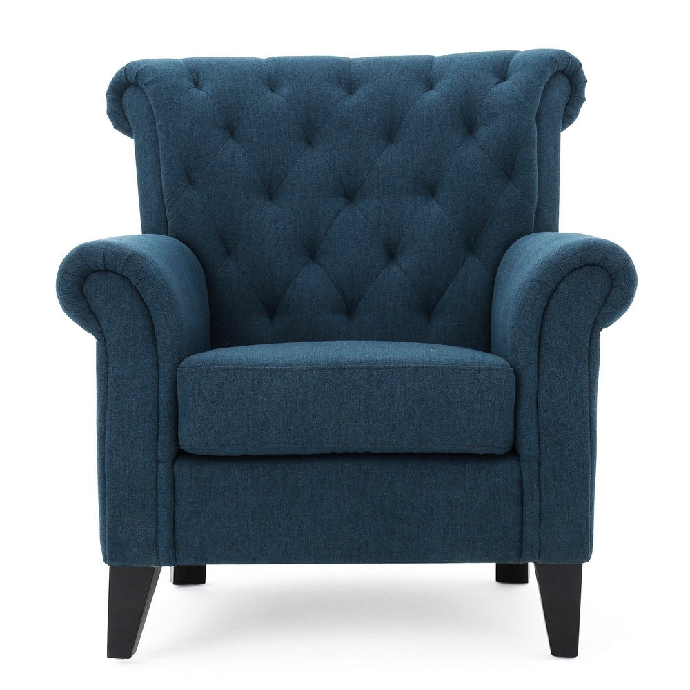 Koni Accent Chair | Button Diamond Tufted | Blue Fabric | Rolled Arms