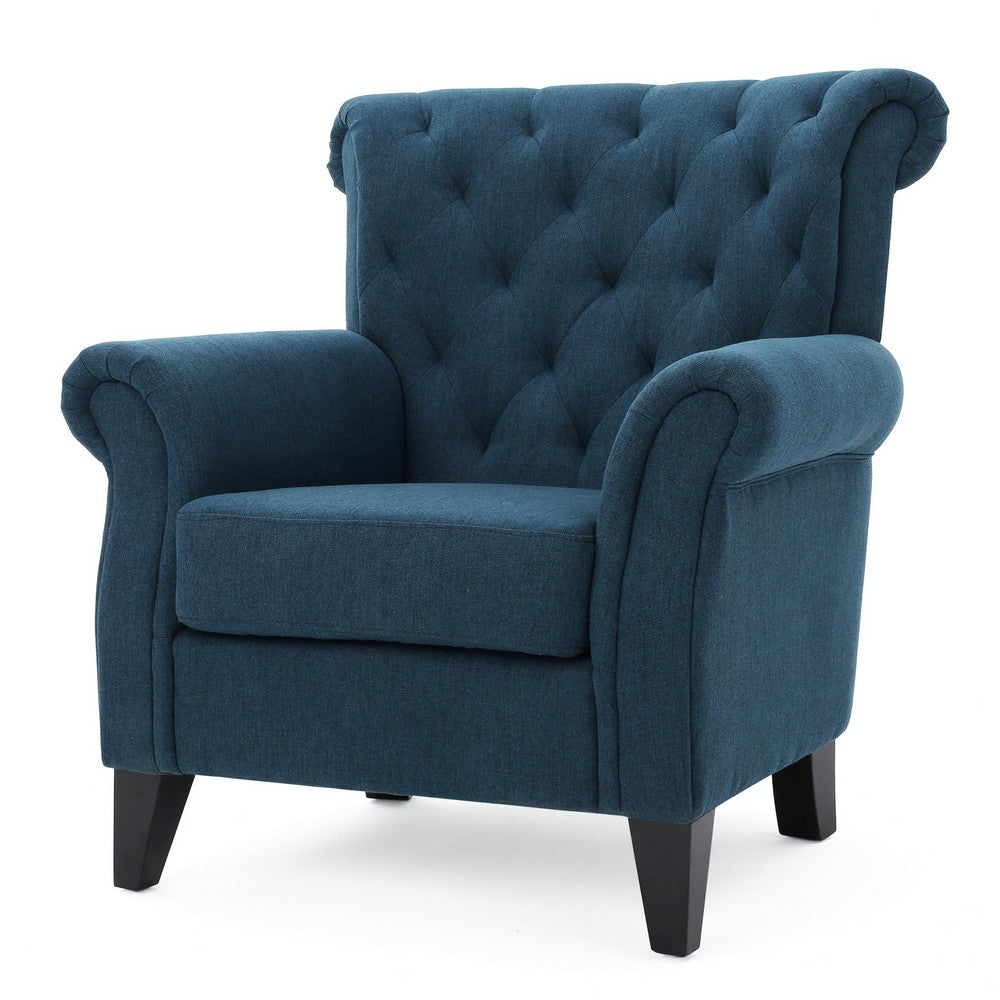Koni Accent Chair | Button Diamond Tufted | Blue Fabric | Rolled Arms