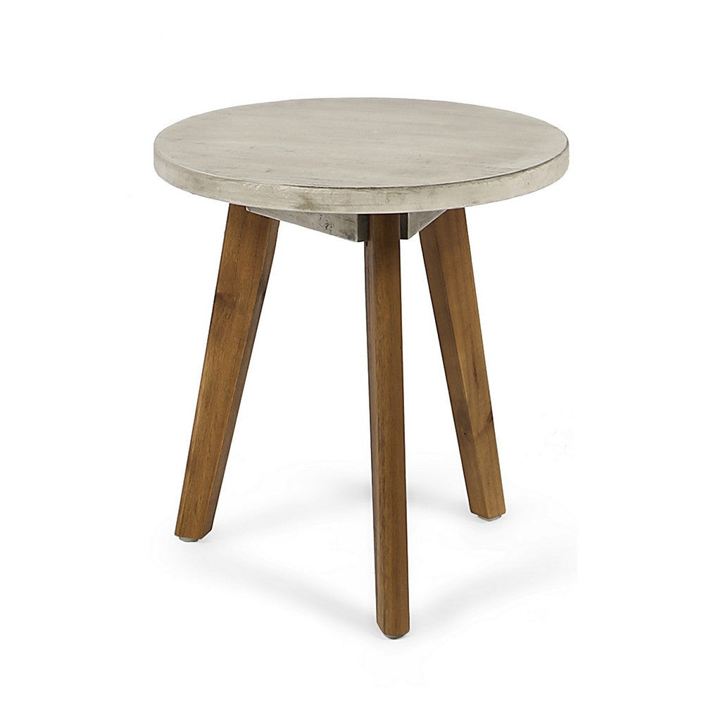 Ina Side End Table, Angled Legs, 16 Inch Round Gray Top, Acacia Wood