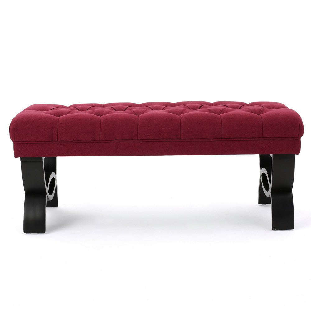 Riam Ottoman Bench 41 Inch Button Tufted Rounded Wood Legs Red