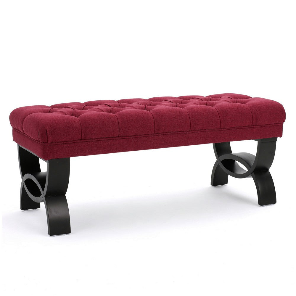 Riam Ottoman Bench 41 Inch Button Tufted Rounded Wood Legs Red
