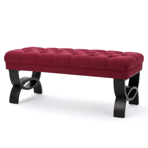 Riam Ottoman Bench, 41 Inch, Button Tufted, Rounded Wood Legs, Red