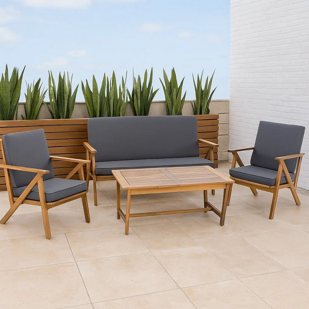 Namm 4pc Outdoor Table, Chairs, Loveseat Set, Brown Acacia Wood, Gray