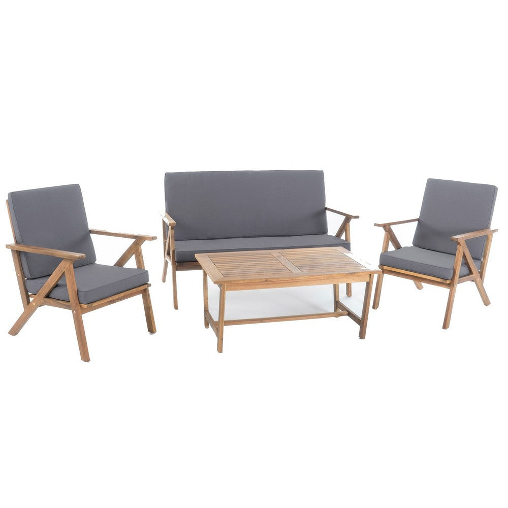 Namm 4pc Outdoor Table, Chairs, Loveseat Set, Brown Acacia Wood, Gray