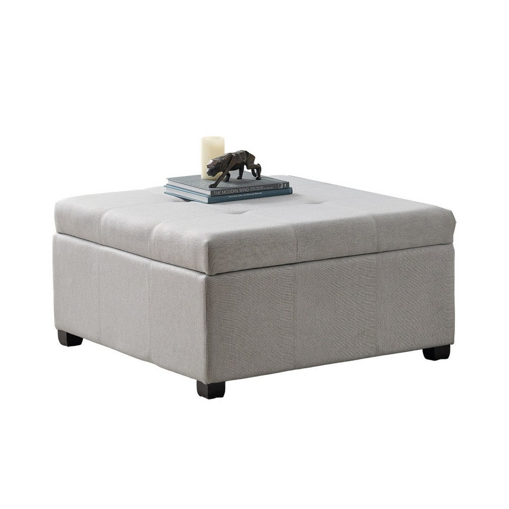 Jyan Square Ottoman, Hidden Storage, 35 Inch, Gray Fabric, Birch Wood
