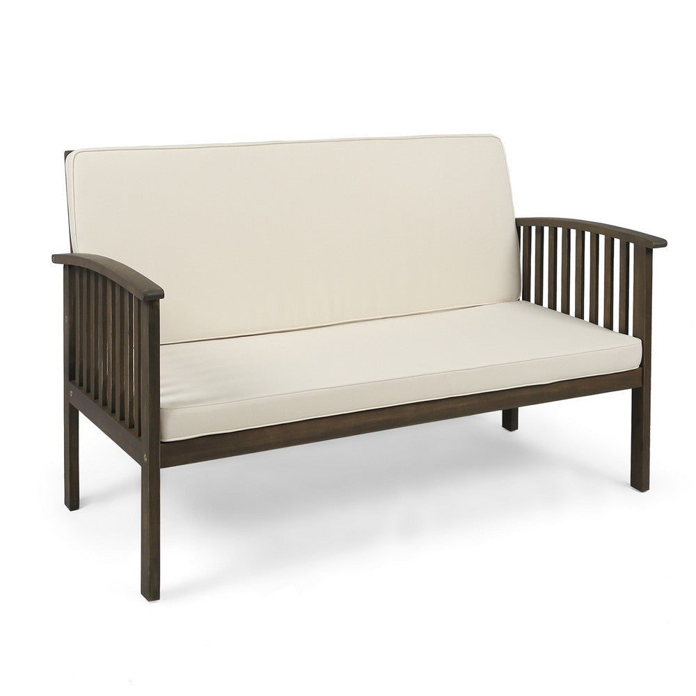 Gerry Outdoor Loveseat, Slat Panel Design, 53 Inch, Ivory Cushions