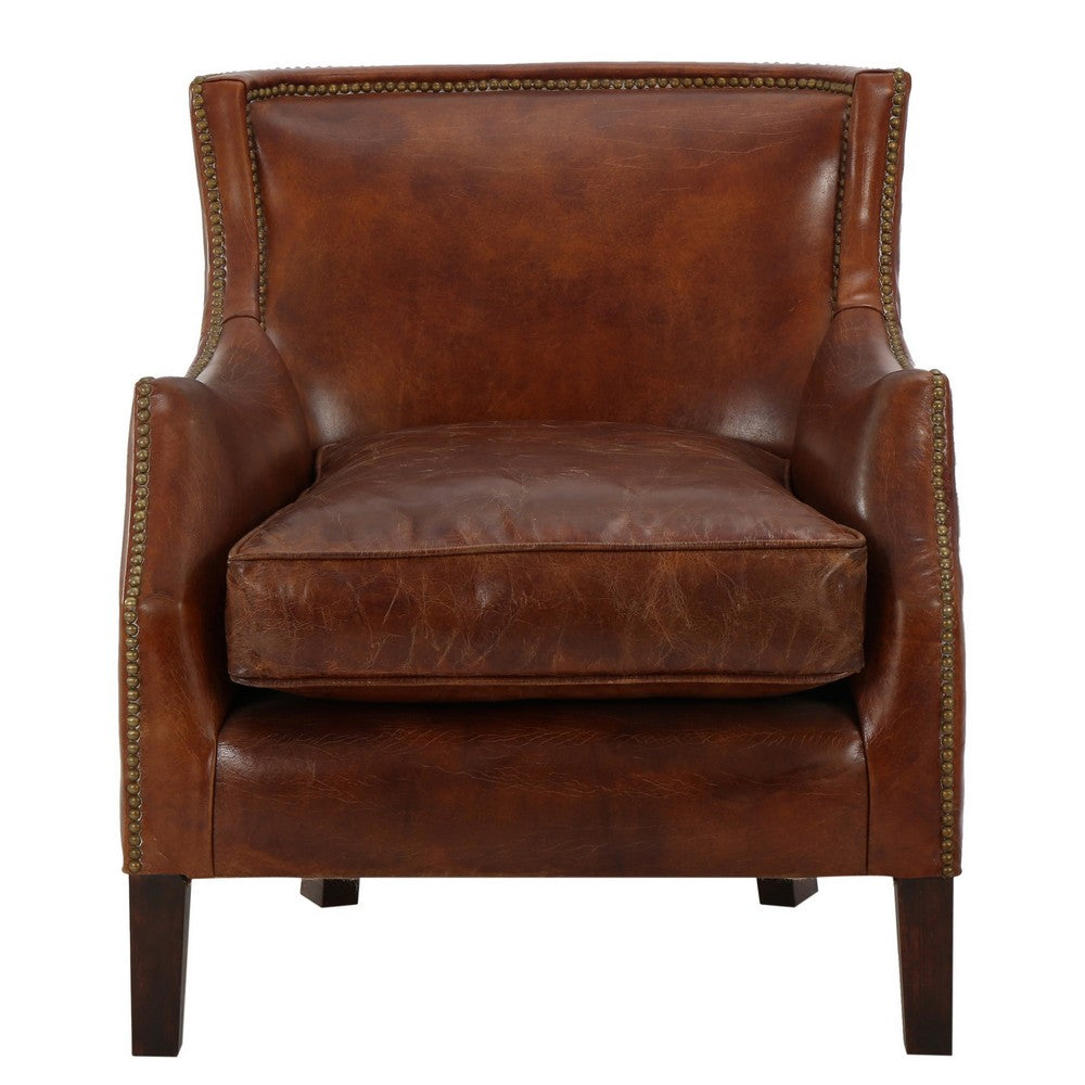 Accent Sofa Chair | Studded Trim Brown Top Grain Leather | Rubberwood