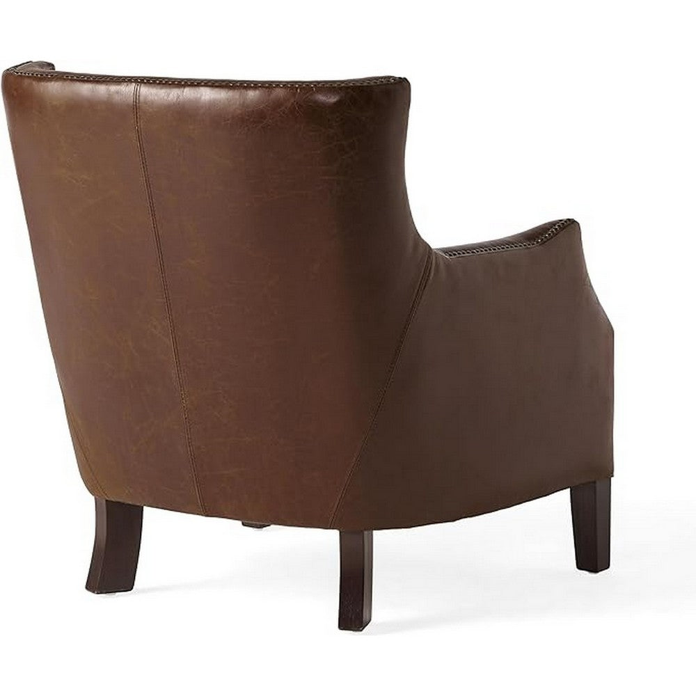 Accent Sofa Chair | Studded Trim Brown Top Grain Leather | Rubberwood