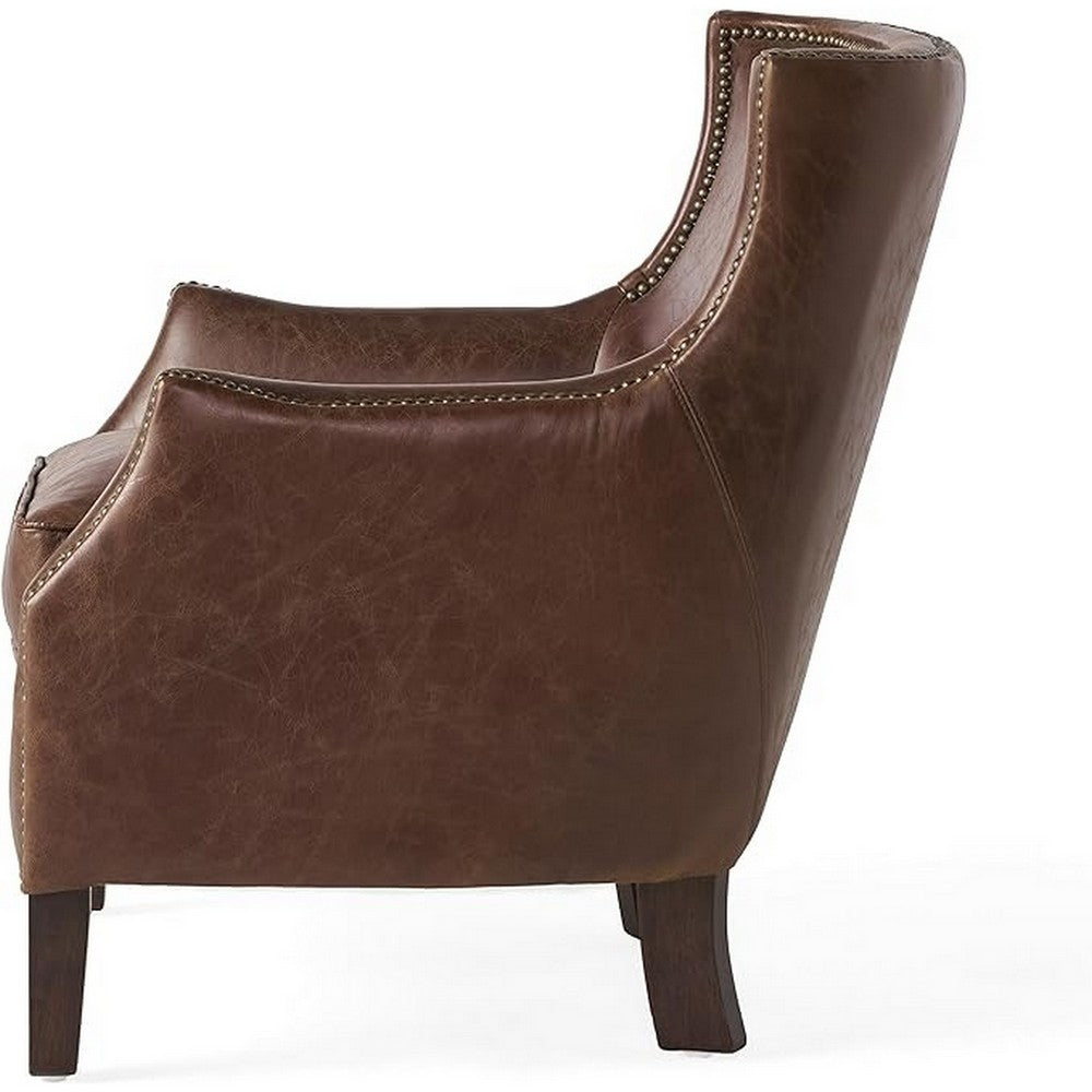Accent Sofa Chair | Studded Trim Brown Top Grain Leather | Rubberwood