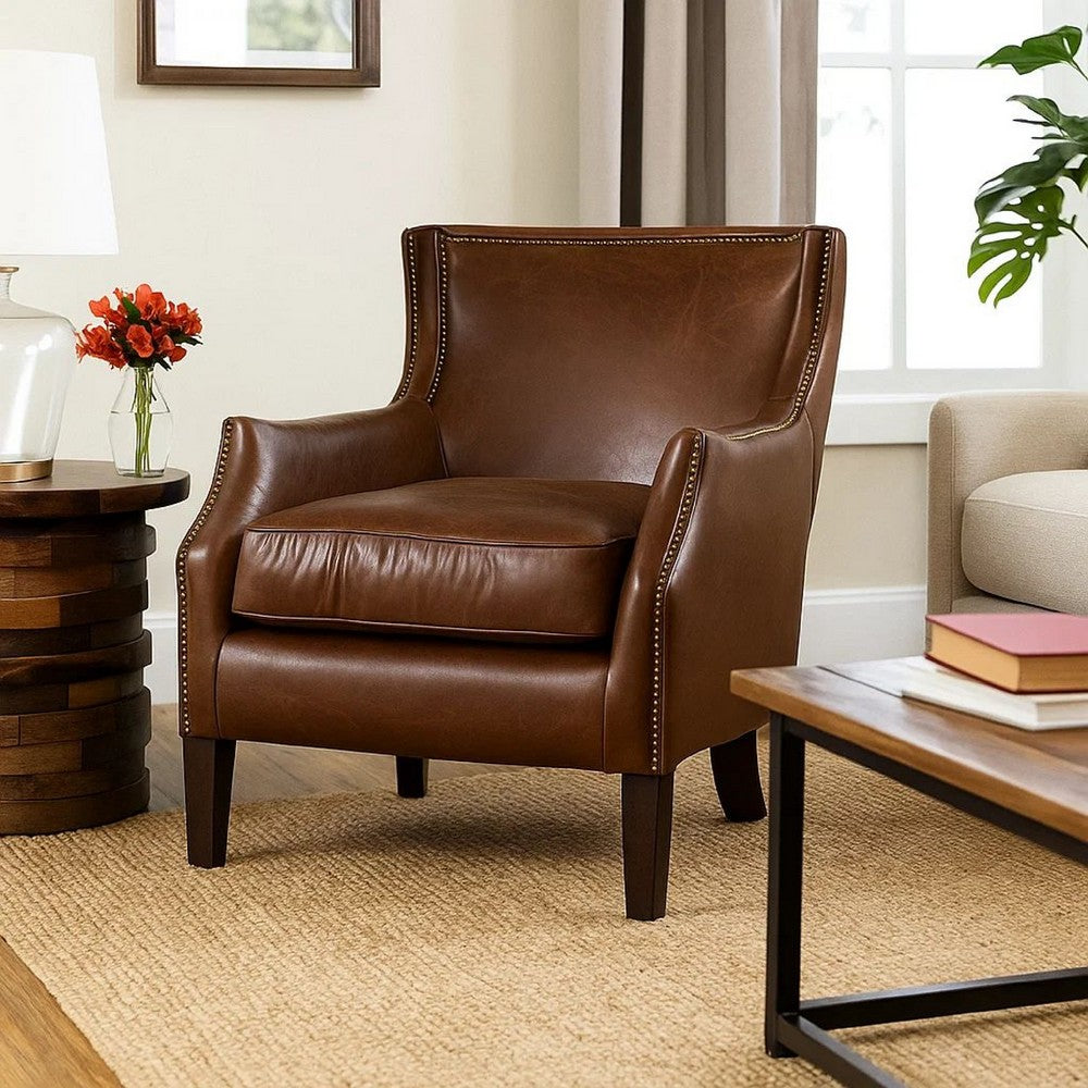 Accent Sofa Chair | Studded Trim Brown Top Grain Leather | Rubberwood