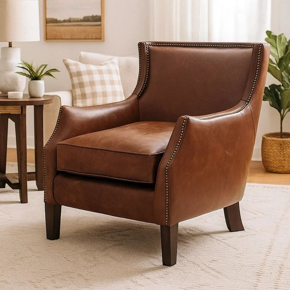 Accent Sofa Chair | Studded Trim Brown Top Grain Leather | Rubberwood