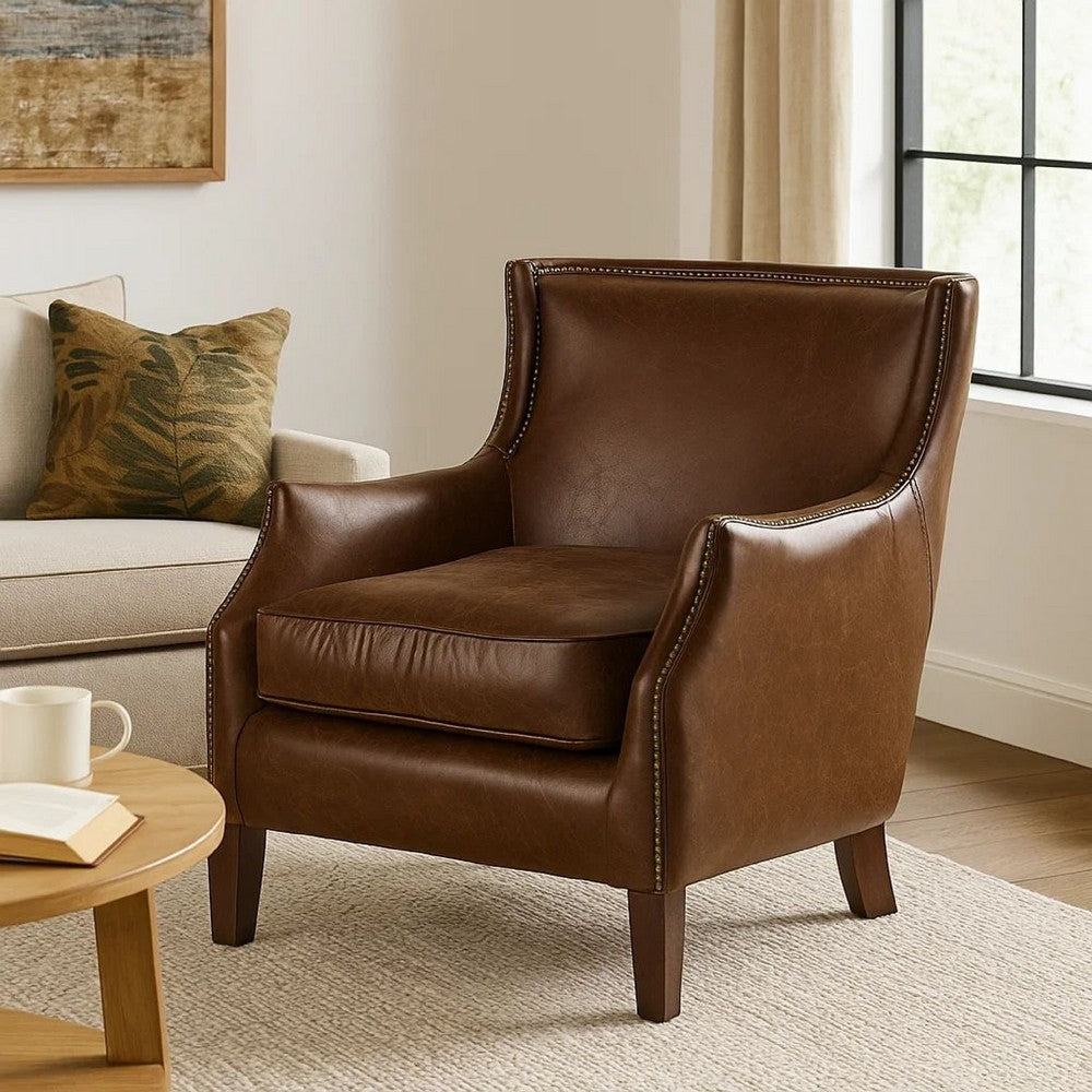 Accent Sofa Chair | Studded Trim Brown Top Grain Leather | Rubberwood