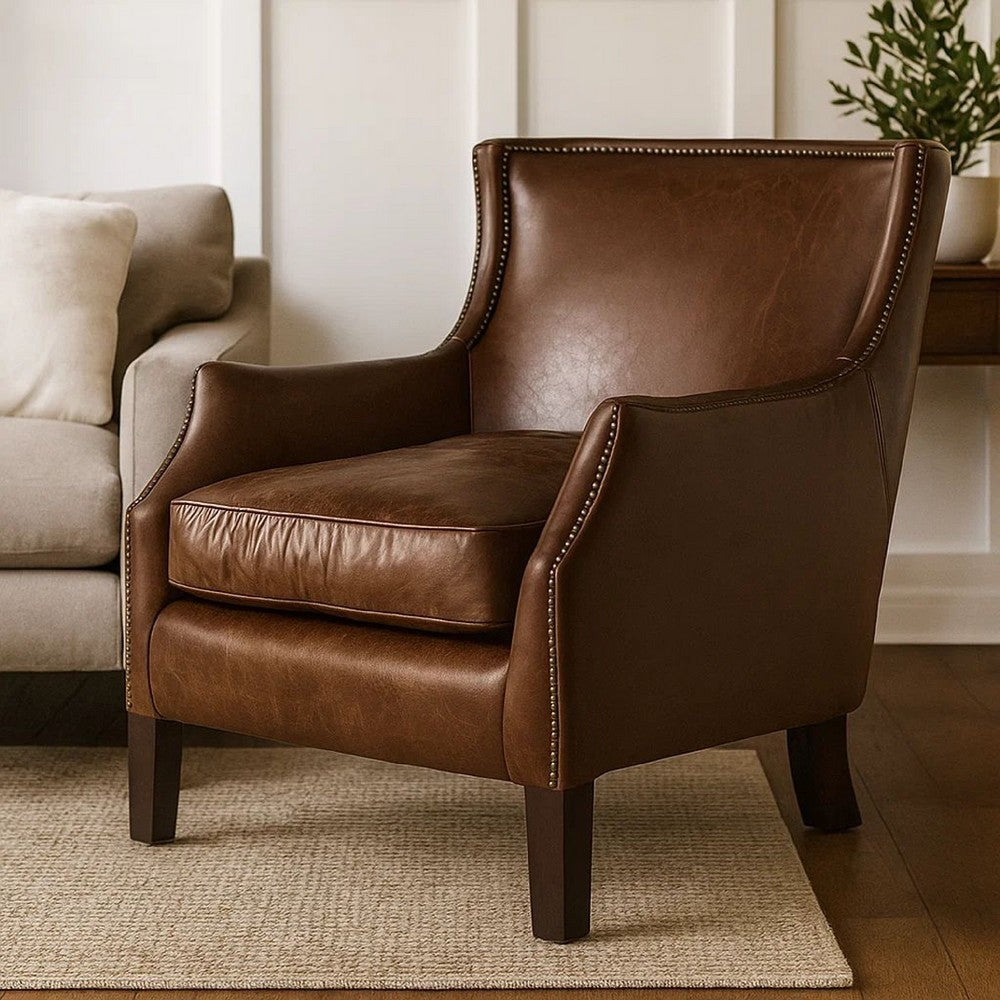 Accent Sofa Chair | Studded Trim Brown Top Grain Leather | Rubberwood