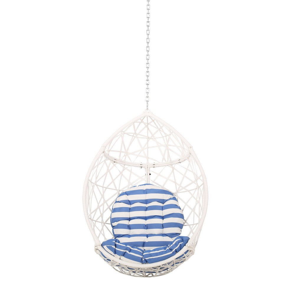 Kiwi Hanging Basket Chair w Chain, Egg Shape, Rattan Weaving, White