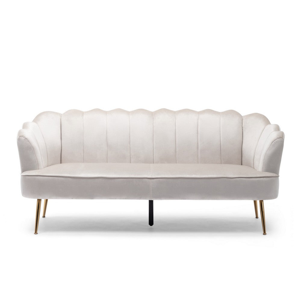 Nika Sofa | 3 Seater | Channel Stitching | 76" | Beige Velvet | Gold