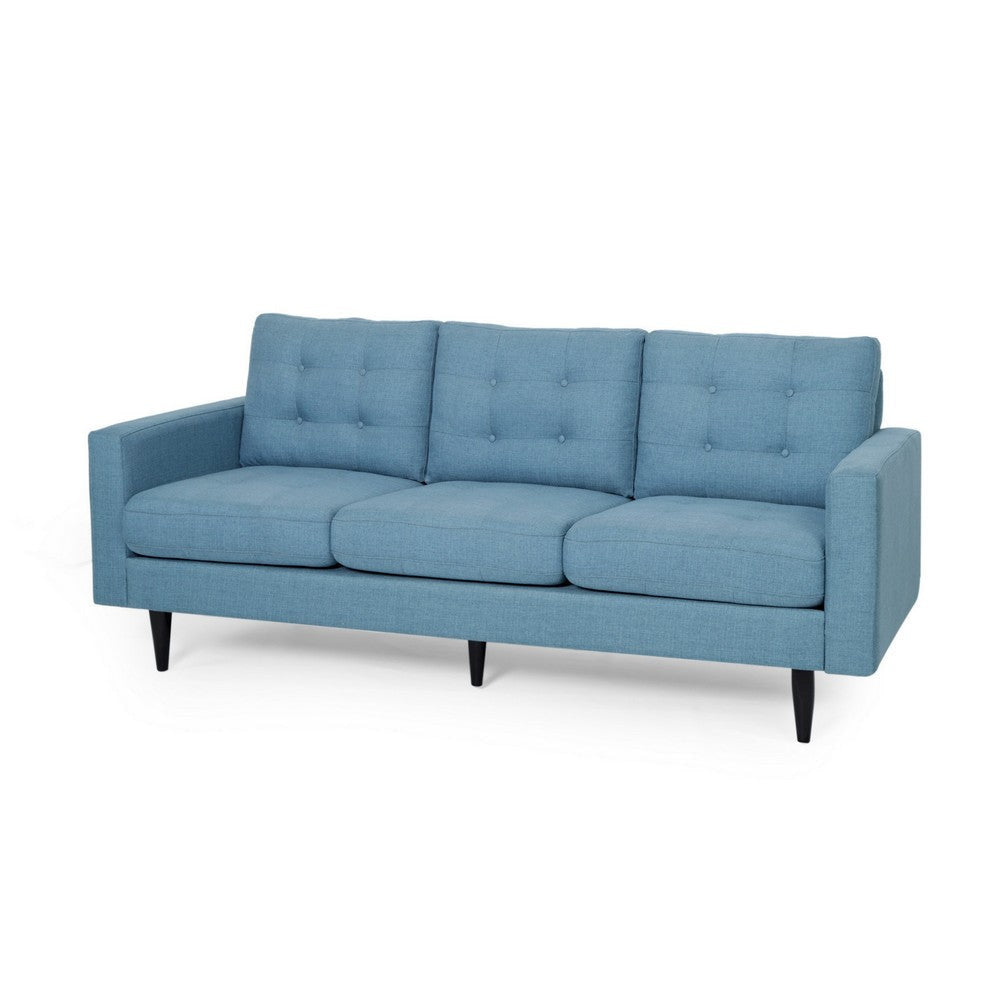 Apex Sofa, 3 Seater, 83 Inch, Button Tufted, Light Blue Fabric, Black