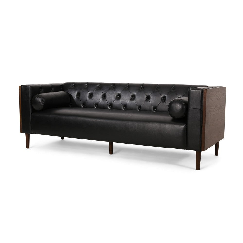 Biya Sofa | 90" | Chesterfield Tufted Black Faux Leather | 2 Pillows