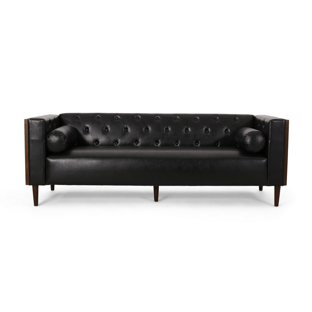 Biya Sofa | 90" | Chesterfield Tufted Black Faux Leather | 2 Pillows