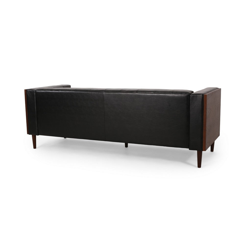 Biya Sofa | 90" | Chesterfield Tufted Black Faux Leather | 2 Pillows