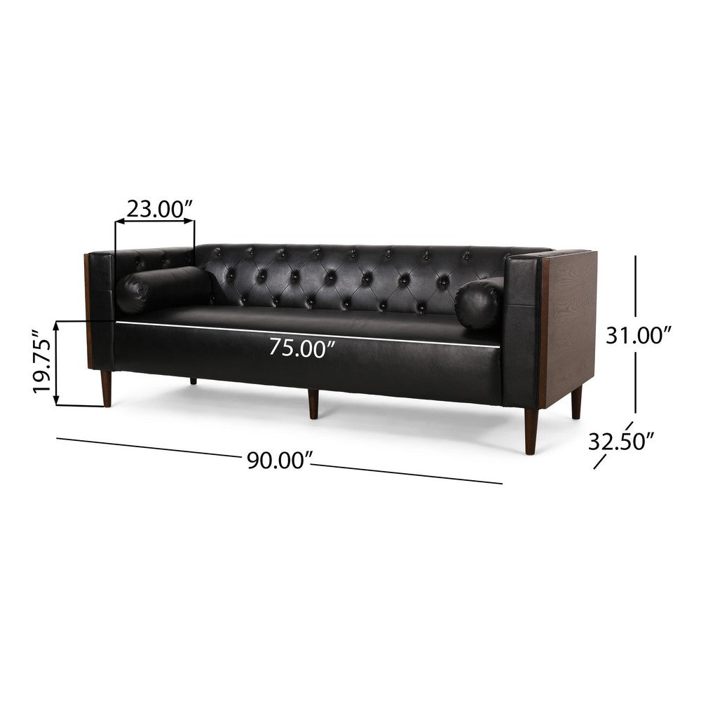 Biya Sofa | 90" | Chesterfield Tufted Black Faux Leather | 2 Pillows