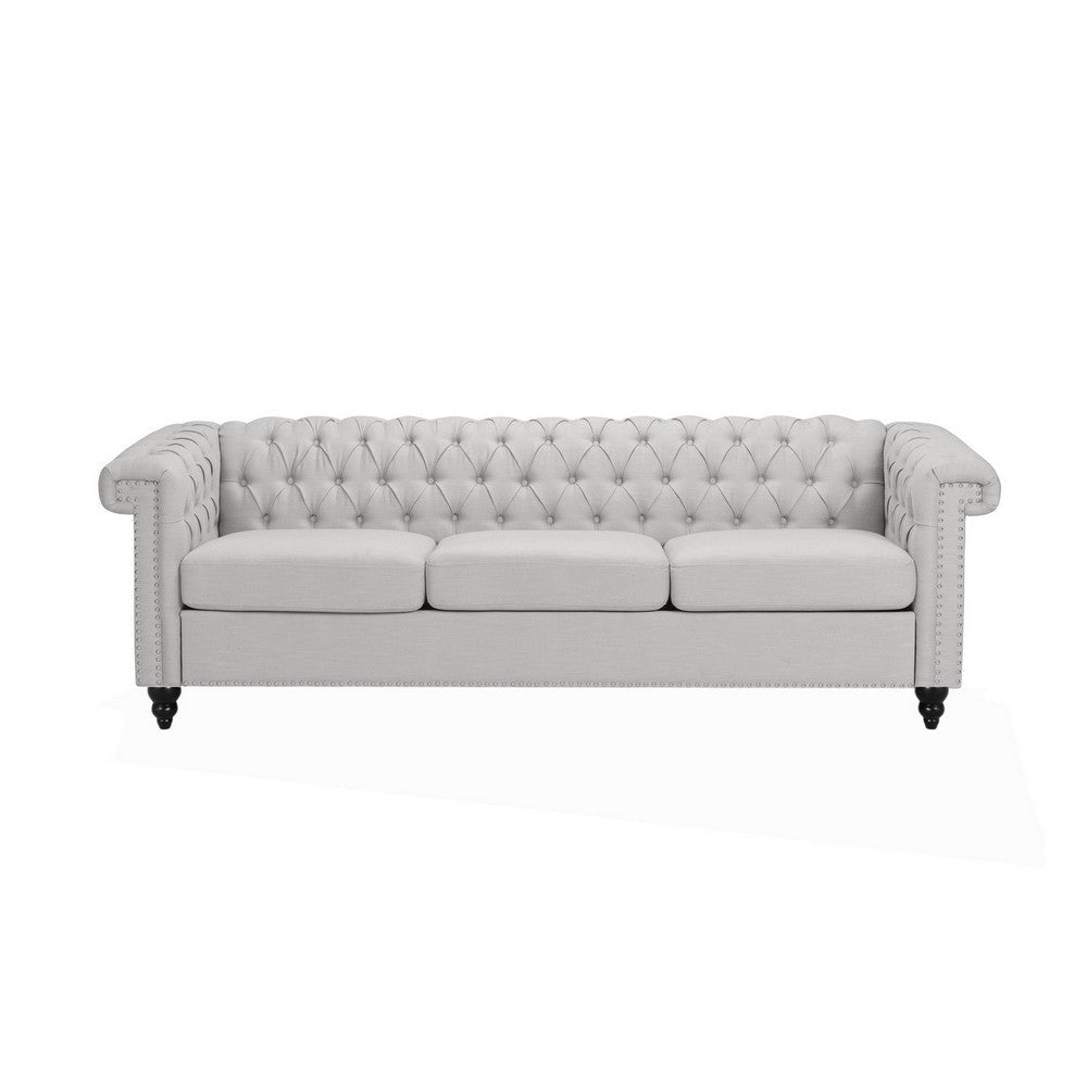 Sofa 3 Seater Button Tufted Gray Fabric 83 Inch Flared Rolled Arms BM327036
