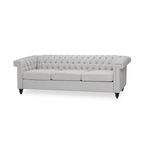 Sofa, 3 Seater, Button Tufted Gray Fabric, 83 Inch, Flared Rolled Arms