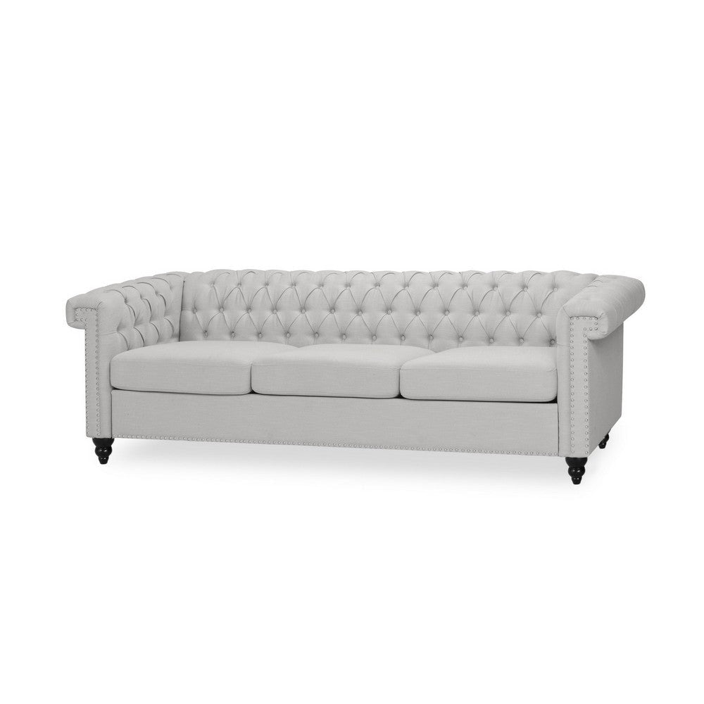 Sofa, 3 Seater, Button Tufted Gray Fabric, 83 Inch, Flared Rolled Arms
