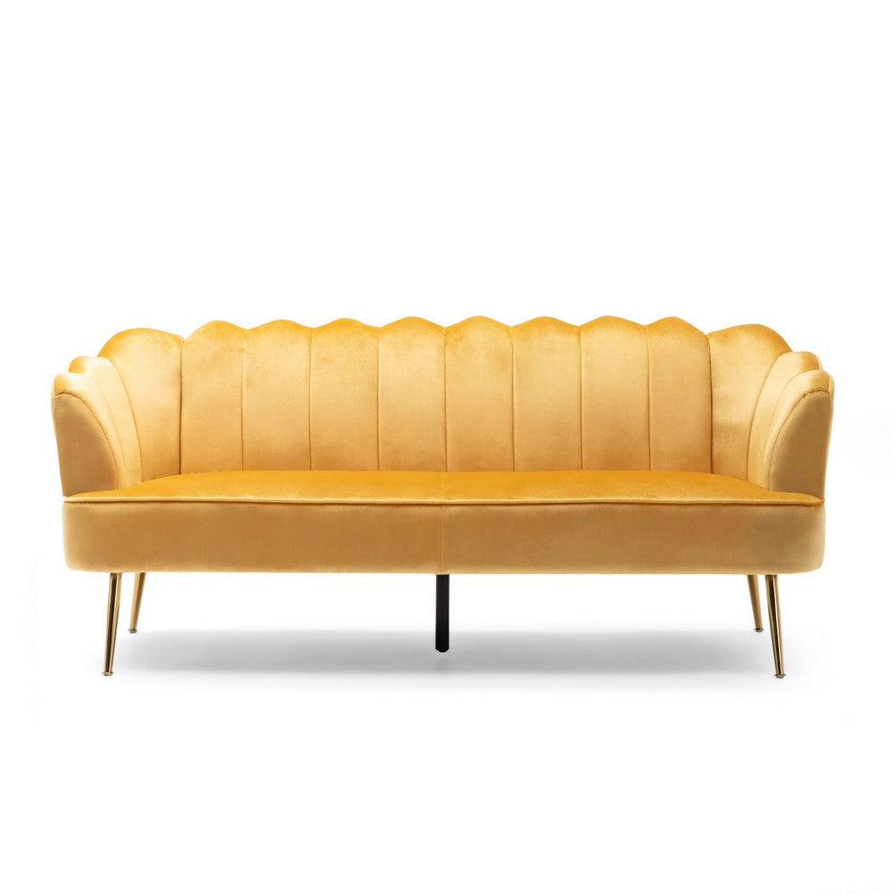 Nika Sofa Modern Channel Stitched 76 Inch Solid Wood Yellow Velvet BM327037