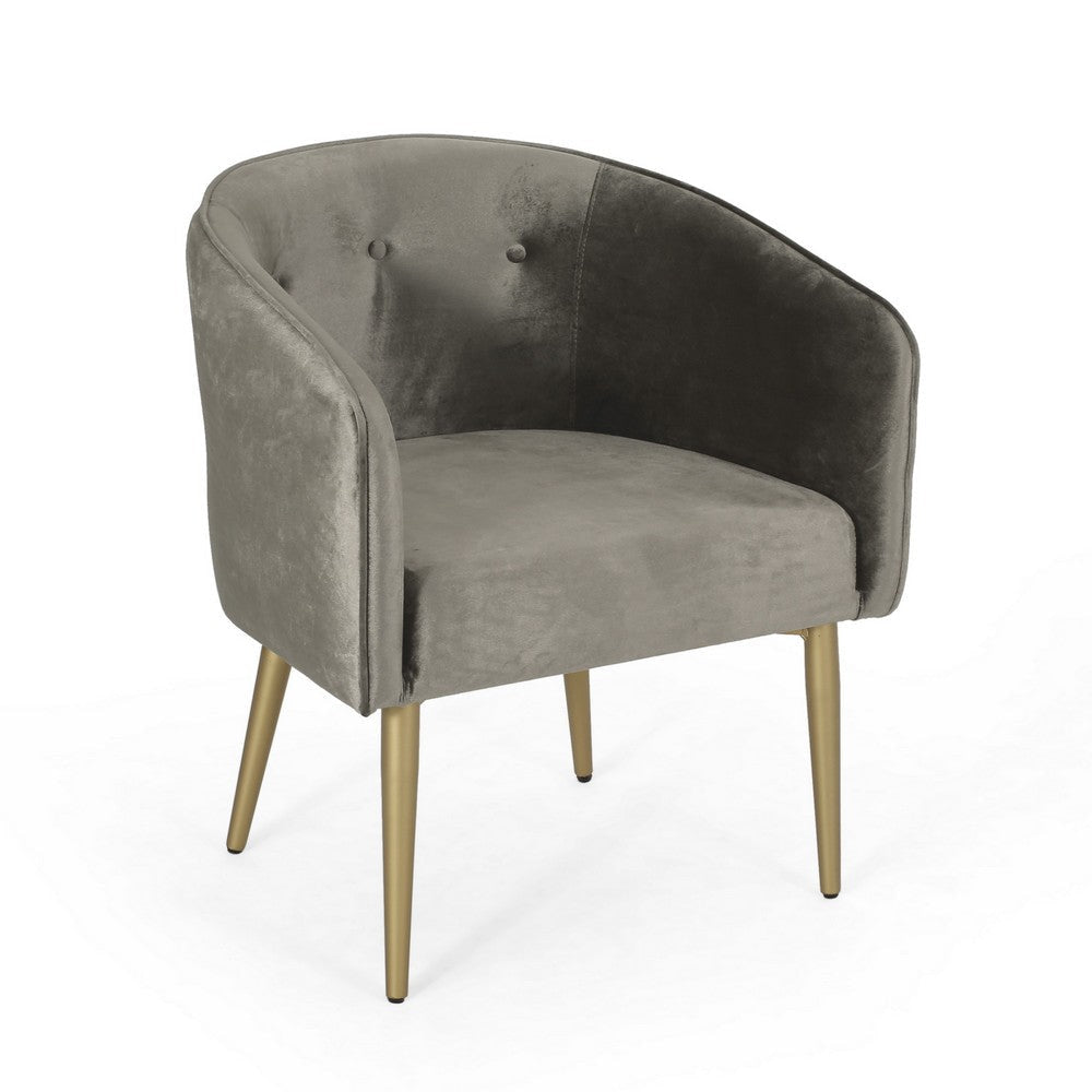 Dining Armchair, Round Button Tufted Backrest, Gray Velvet, Gold Legs