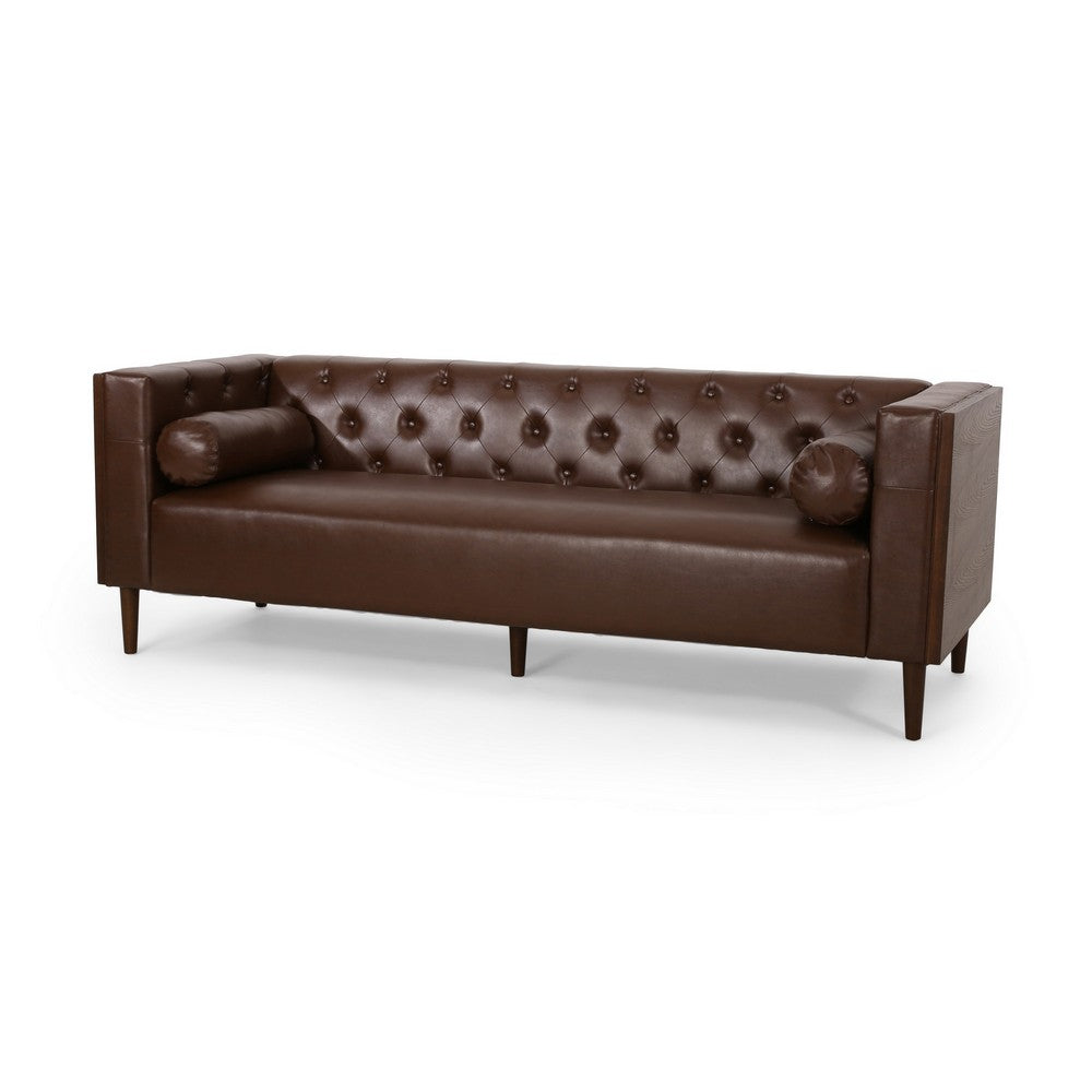 Biya Sofa | 3 Seater | 90" | Tufted Dark Brown Faux Leather | 2 Pillow