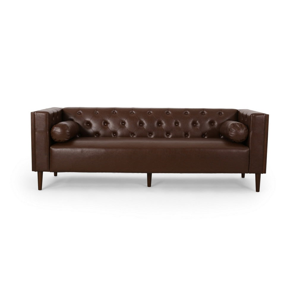 Biya Sofa | 3 Seater | 90" | Tufted Dark Brown Faux Leather | 2 Pillow