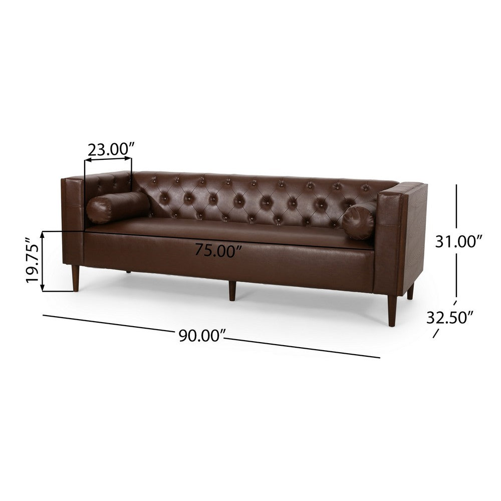 Biya Sofa | 3 Seater | 90" | Tufted Dark Brown Faux Leather | 2 Pillow