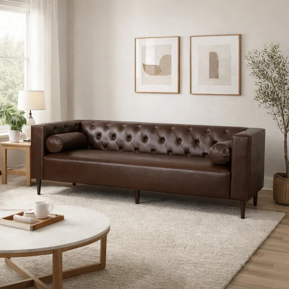 Biya Sofa | 3 Seater | 90" | Tufted Dark Brown Faux Leather | 2 Pillow