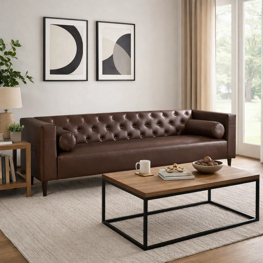 Biya Sofa | 3 Seater | 90" | Tufted Dark Brown Faux Leather | 2 Pillow