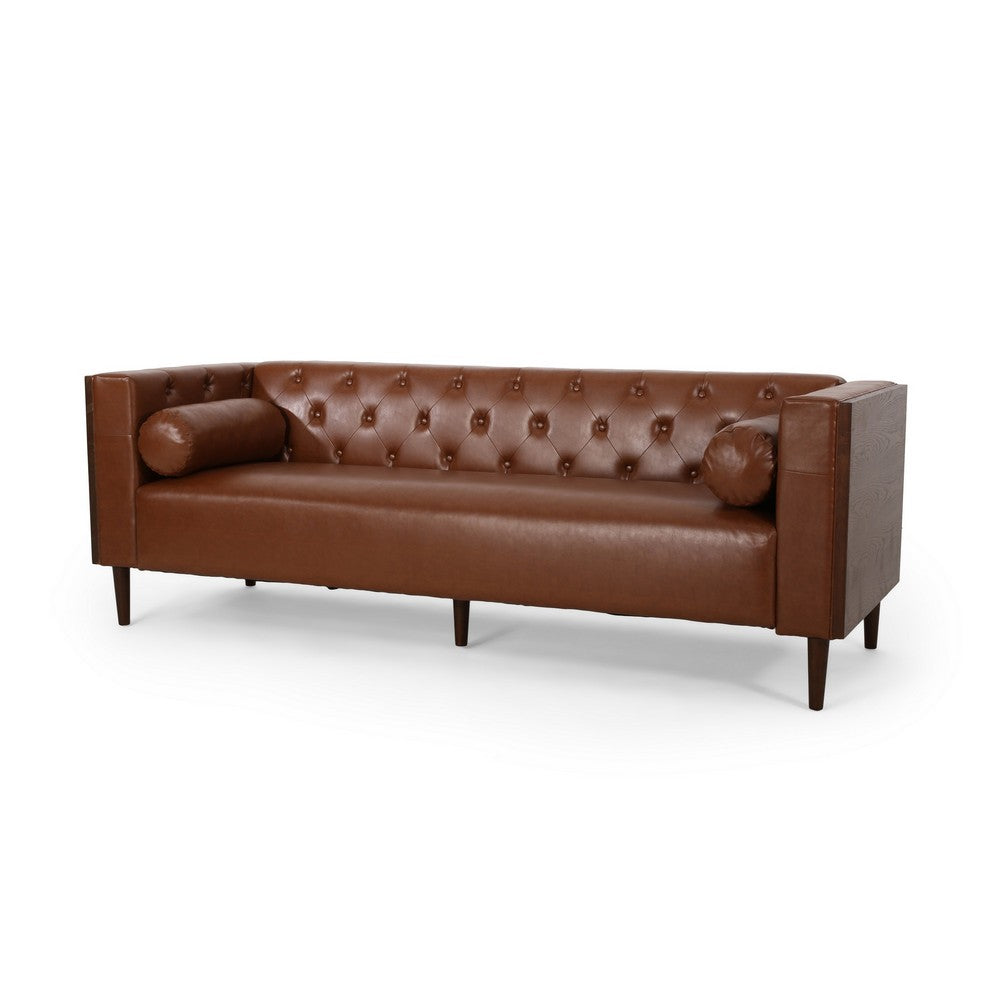 Biya Sofa | 3 Seater | 90" | Tufted Brown Faux Leather | 2 Pillows