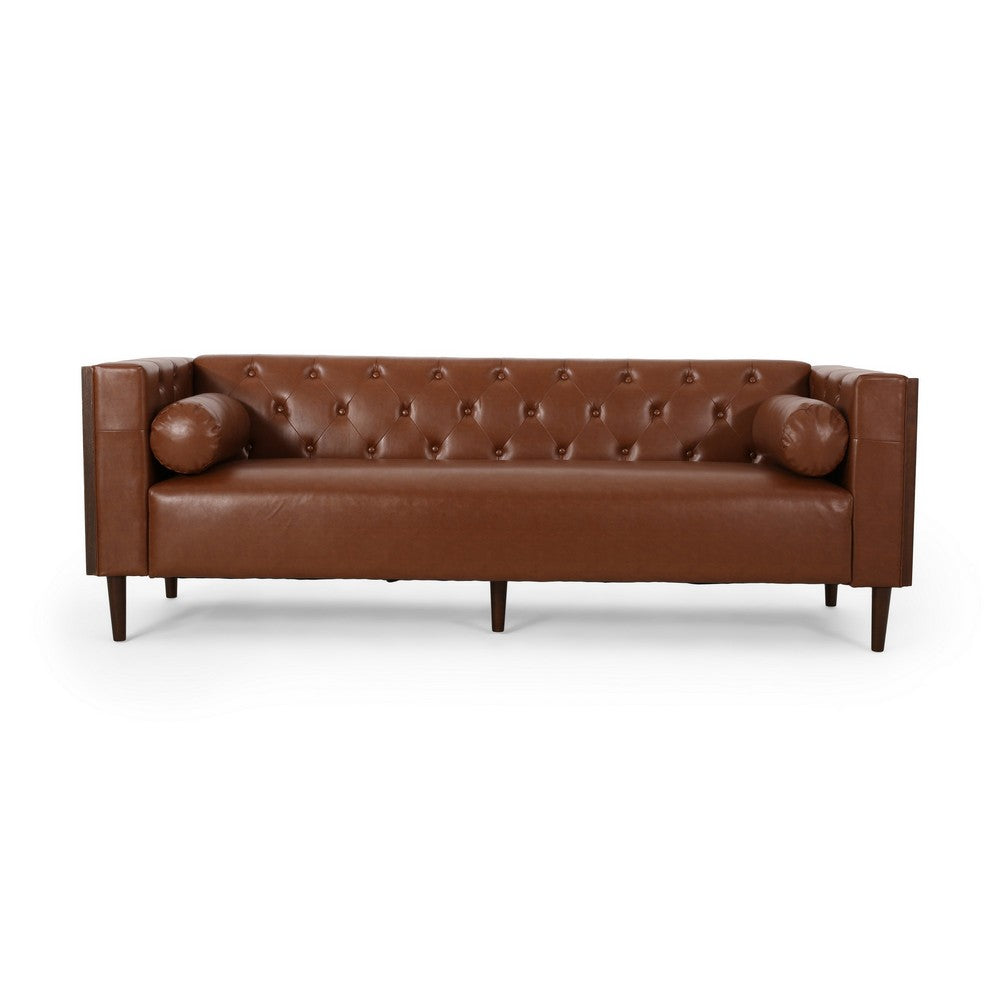 Biya Sofa | 3 Seater | 90" | Tufted Brown Faux Leather | 2 Pillows