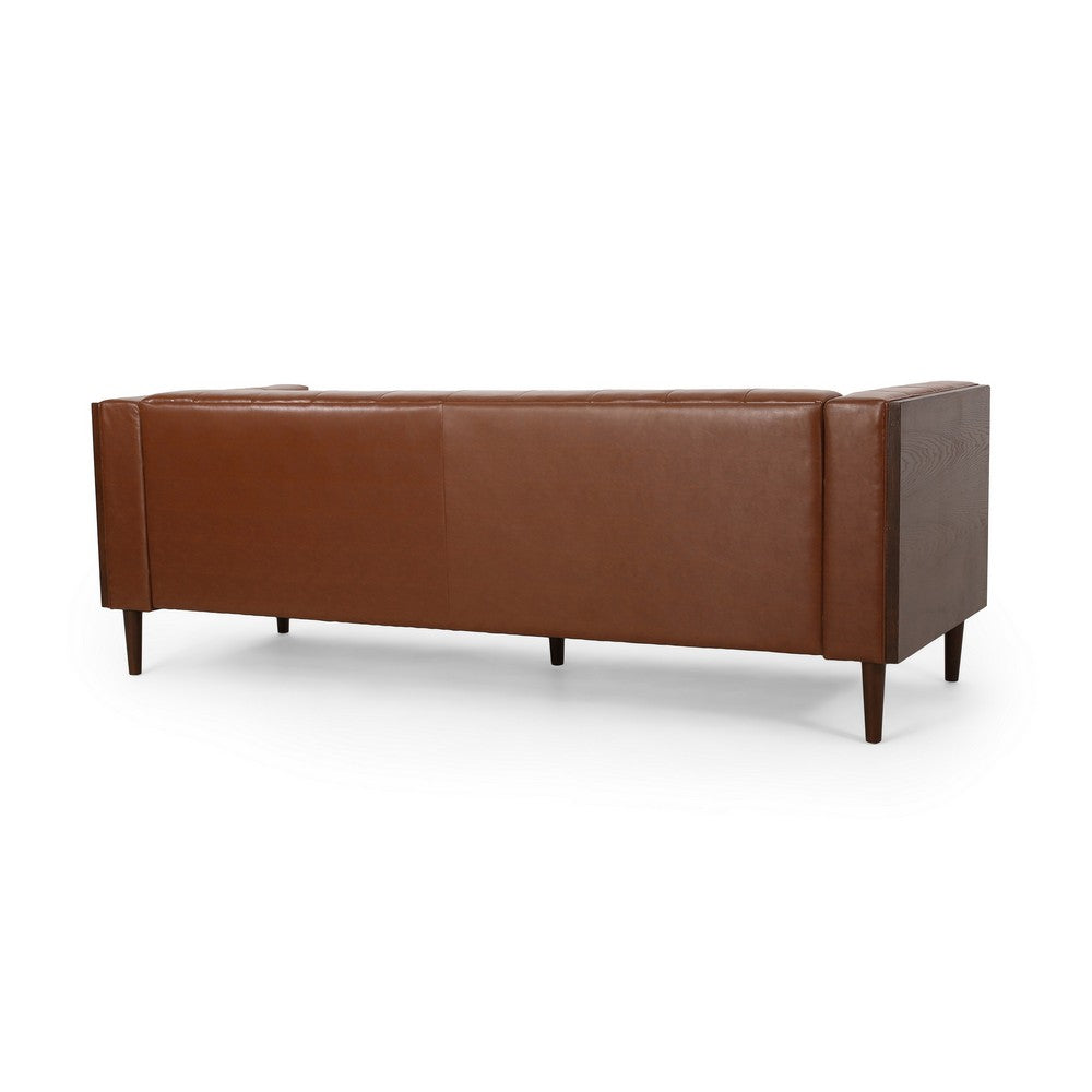 Biya Sofa | 3 Seater | 90" | Tufted Brown Faux Leather | 2 Pillows