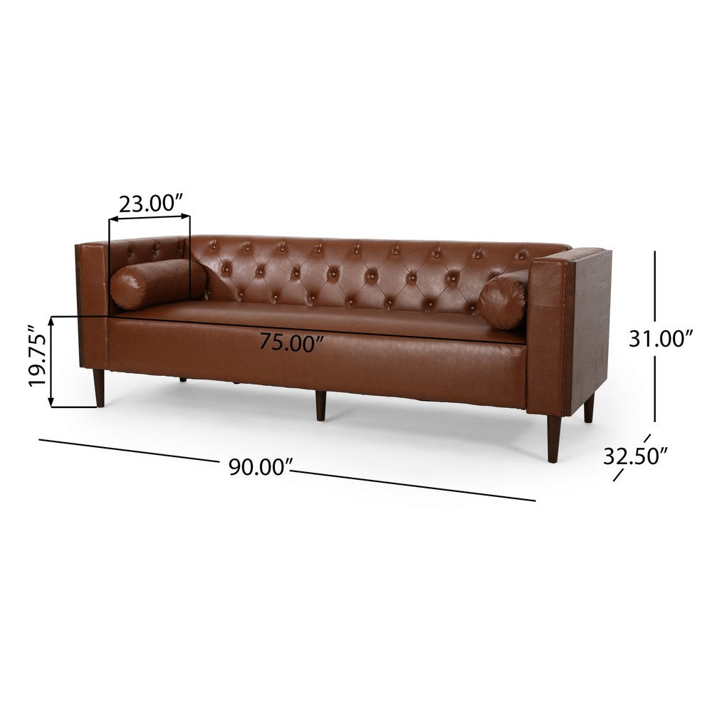 Biya Sofa | 3 Seater | 90" | Tufted Brown Faux Leather | 2 Pillows