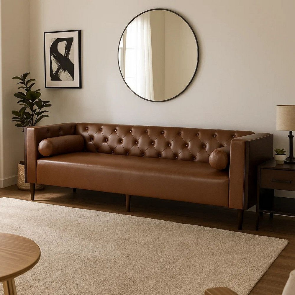 Biya Sofa | 3 Seater | 90" | Tufted Brown Faux Leather | 2 Pillows